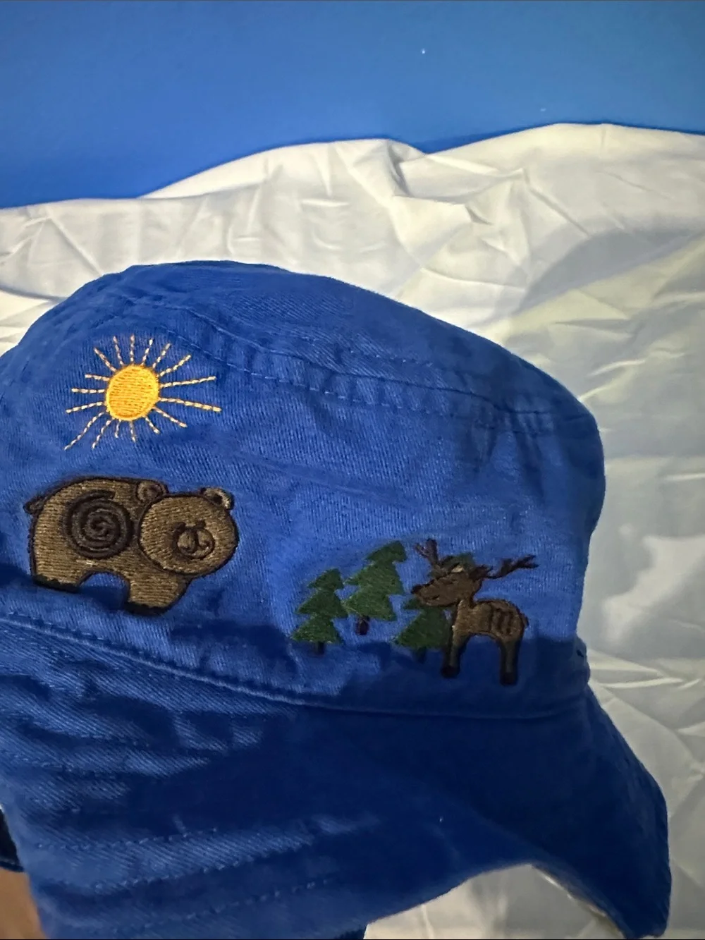 REI Kids' Royal Blue Bucket Hat with Forest Embroidery